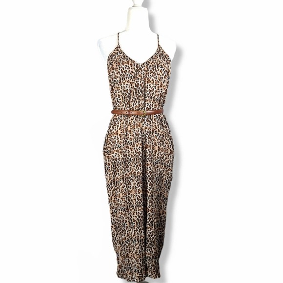 Carly Jean Los Angeles Pants - Carly Jean Leopard Animal Print Lightweight Jumpsuit Adjustable Straps: Small